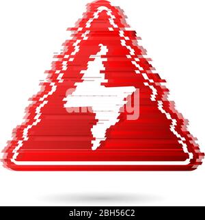 High voltage icon with noise effect or digital glitch. Bolt warning triangular red sign. High voltage symbol isolated on white background. Vector illu Stock Vector