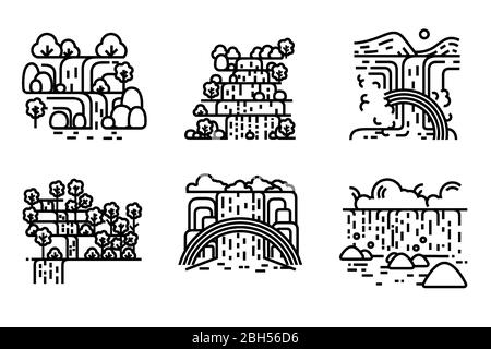 Waterfall illustration vector set. Line art and single line stroke. Editable. Stock Vector