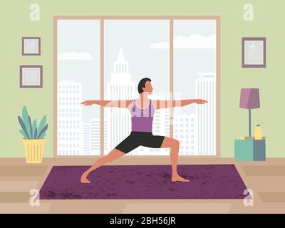 Man exercising yoga at home flat color vector. Stay at home yoga meditation practice cartoon. Breathing exercise workout background. Healthy lifestyle Stock Vector