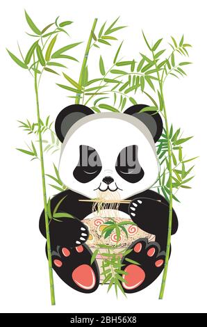 Cute cartoon panda bear eating tasty ramen, noodle soup with bamboo design. Stock Vector