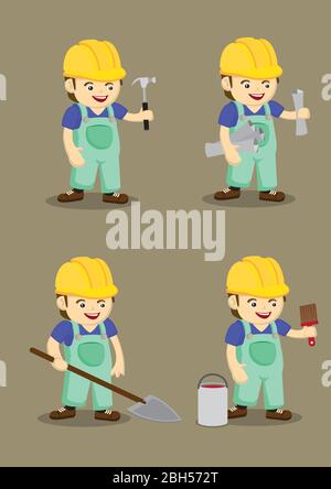 Set of four vector illustration of cute industrial worker wearing yellow helmet and overall with hand holding work tools in cartoon style isolated on Stock Vector