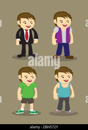 Cute cartoon man in formal suit, casual streetwear and sporty attire. Vector character illustration isolated on brown plain background Stock Vector