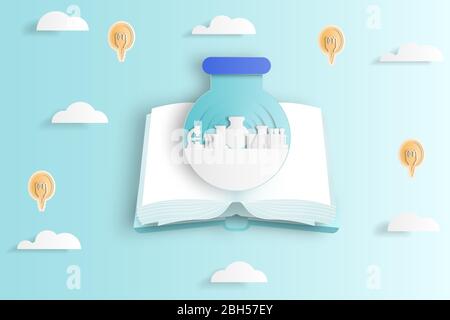 Paper art style vector illustration of laboratory equipment in flask on the open book with clouds and light bulb background. Stock Vector