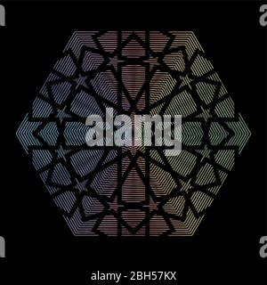 Arabic hologram sticker on black background. Label design. Vector element for arabic product quality guarantee Stock Vector