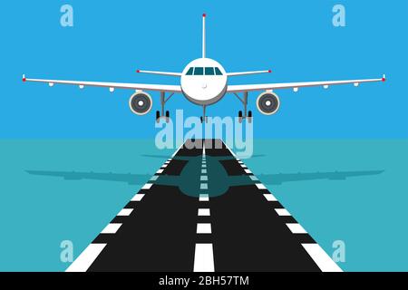 passenger plane fly up over take-off runway from airport at sunset Stock Vector