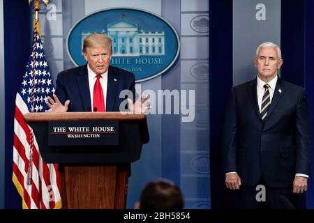 White House Coronavirus Update Briefing President Donald J. Trump, joined by Vice President Mike Pence, addresses his remarks at a coronavirus update briefing Wednesday, April 22, 2020, in the James S. Brady White House Press Briefing Room of the White House. Stock Photo