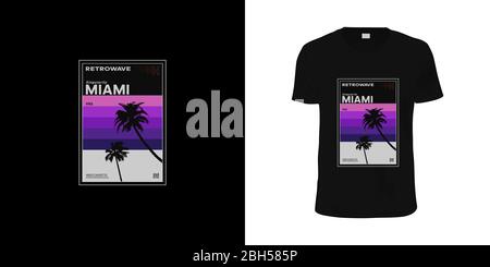 Retrowave Miami VHS cassette. Stylish t-shirt and apparel retro design like VHS cassette with palm trees silhouettes. Typography, print, vector Stock Vector