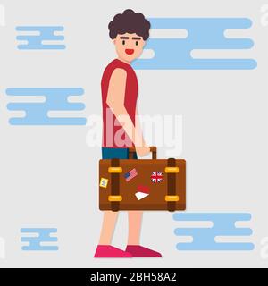 young man holding travel suitcase for backpacker concept vector illustration Stock Vector
