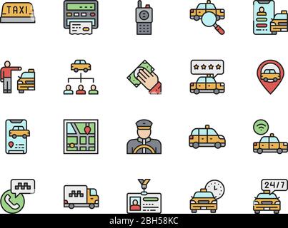 Set of Taxi Flat Color Line Icons. Truck, Map Navigation, Carsharing and more. Stock Vector