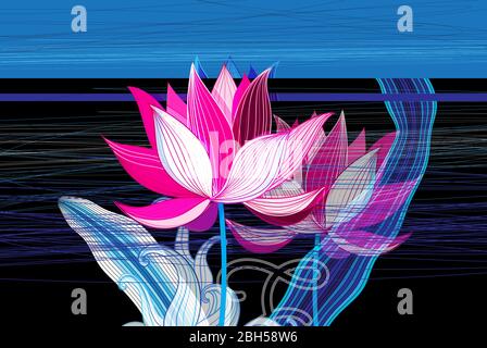 Beautiful graphic background with pink lotuses on blue. Bright flower card in summer. Stock Vector
