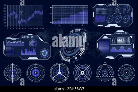 Futuristic hud interface. Technological hud hologram, loading diagnostic display, digital infographic ui elements vector set. Virtual reality device v Stock Vector