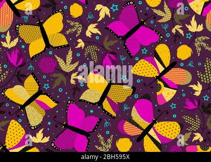 Butterflies and flowers on dark crimson background. Summer floral seamless pattern. Vector illustration patch work for wrapper, cloth, linens Stock Vector