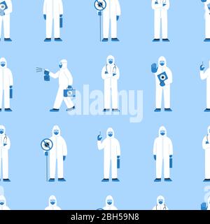 Modern vector seamless pattern in flat style. Endless texture with people in white hazmat suits isolated on blue. Stop coronavirus COVID-19. Doctors Stock Vector