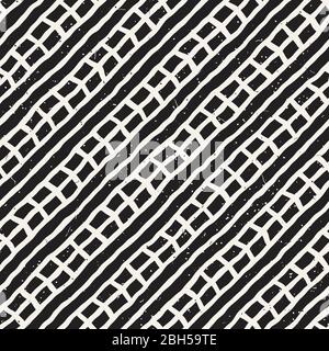 Seamless geometric vector pattern. Monochrome black and white brush strokes background. Hand drawn ink lines texture. Stock Vector