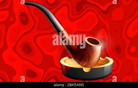 wooden pipe in a tray on abstract red background Stock Vector
