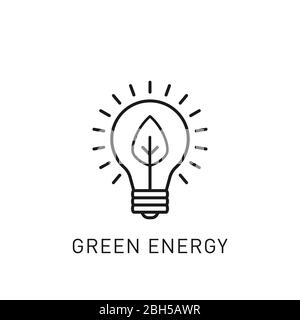 Green energy light bulb with tree leaf thin line icon. Design element for renewable energy, green technology. Vector illustration. Stock Vector