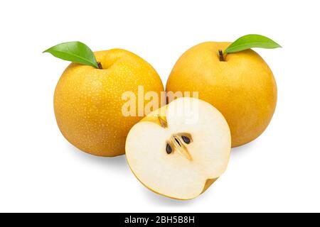 Organic Chinese pear or Korean snow pear and a half on white isolated background with clipping path. Ripe Japanese nashi have golden color, sweet tast Stock Photo