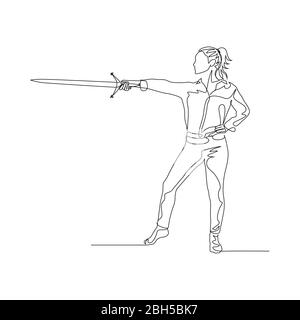 Continuous one line woman points forward with a sword. Vector Stock Vector