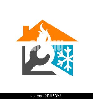 combination of fire roof wrench and snow flakes icon for hvac logo design vector business company Stock Vector