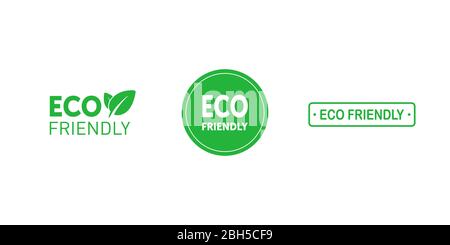 Set of eco friendly green badges with tree leaf. Design element for packaging design and promotional material. Vector illustration. Stock Vector