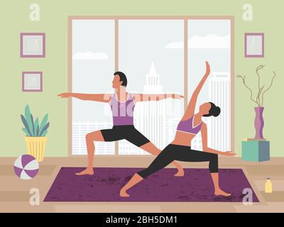 Couple exercising yoga at home flat color vector. Stay home yoga meditation practice cartoon. Breathing exercise workout background. Healthy lifestyle Stock Vector