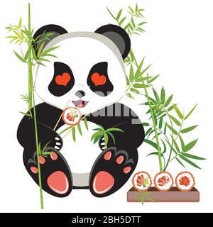 Cute cartoon panda bear eating tasty sushi design. Stock Vector