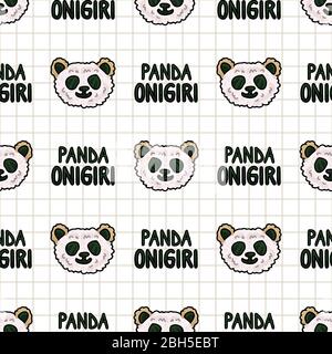 Kawaii panda bear onigiri Japanese rice with text seamless vector pattern. Hand drawn oriental seaweed roll rice ball. cute bento box meal all over Stock Vector