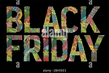 Word BLACK FRIDAY. Vector decorative zentangle object on black background Stock Vector