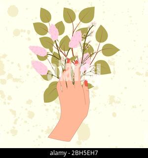 Hand with leaf branch, lilac flower and pink blossom in flat style. Isolated vector illustration. Stock Vector