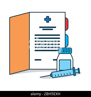 medical report, medicine bottle and syringe over white background, colorful design, vector illustration Stock Vector