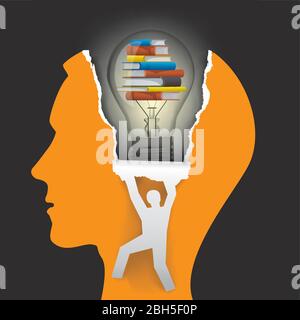 Student, knowledge and creativity, education concept. Male head in profile male silhouette ripping paper with light bulb and books. Vector available. Stock Vector