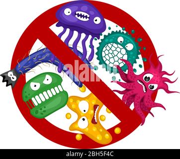 Stop spread virus sign. Cartoon bacterium germ characters isolated vector eps illustration on white background. Cute fly bacteria infection character. Microbe viruses and diseases protection concept Stock Vector