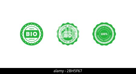 Set of bio 100 percent natural emblem. Design element for packaging design and promotional material. Vector illustration. Stock Vector