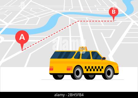 Taxi ordering and navigation service concept. A to B route with geotag gps location pin arrival address on isometric city map and yellow cab. Get taxicab flat eps vector illustration Stock Vector
