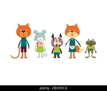 Cute animal set including cat, mouse, dog, fox and frog.  Stock Vector