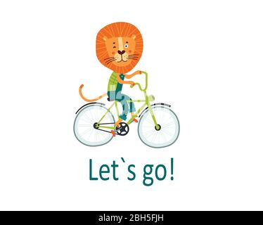 Cute Lion king rabbit on bike goes for a walk. Children card, sticker, party invitation, print for baby clothes Stock Vector