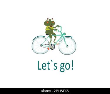 Cute green frog in a bowtie on bike goes for a walk. Children card, sticker, party invitation, print for baby clothes Stock Vector