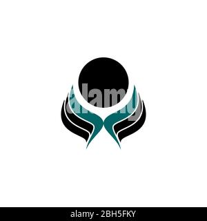 Logo, icon and symbol body massaging, simple, minimal and flat logo design, two palms and head vector illustration, isolated on white background. Stock Vector