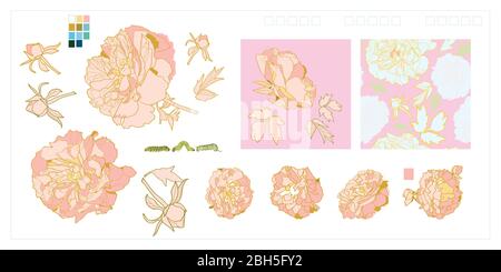 Set of isolated white silhouette peony in 21 styles. Cute hand drawn ...