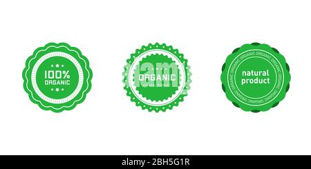 Set of organic 100 percent natural product badges with wavy edges. Design element for packaging design and promotional material. Vector illustration. Stock Vector