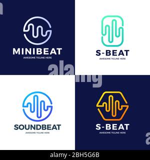 Set Audio Sound Wave logo template stock vector design. Line abstract music technology logotype. Digital element emblem, graphic signal waveform, curv Stock Vector