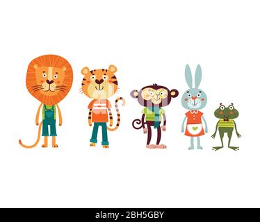 Cute animal set including lion, tiger, monkey, rabbit and frog. Cartoon vector illustration Stock Vector