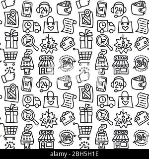 illustration of the black and white outline shopping seamless pattern Stock Vector