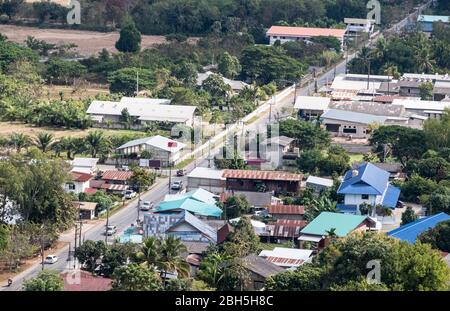 Aerial view of the urban area near the three intersection in the small town located in the plains between the mountains, northern of Thailand. Stock Photo