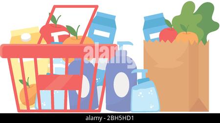 Shopping products inside bag and basket design of Commerce market store shop retail buy paying banking and consumerism theme Vector illustration Stock Vector