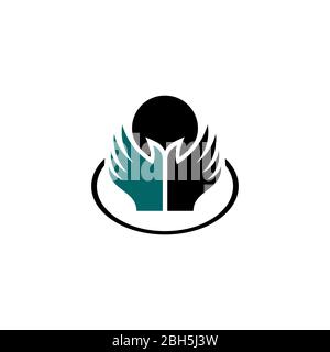 Logo, icon and symbol body massaging, simple, minimal and flat logo design, two palms and head vector illustration, isolated on white background. Stock Vector