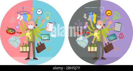A set of old men wearing mask who perform multitasking in offices and private.There are things to do smoothly and a pattern that is in a panic.It's ve Stock Vector