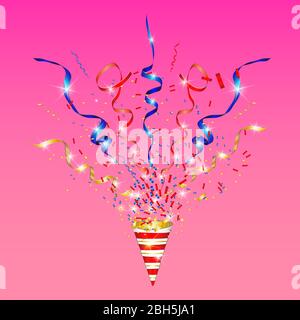Vector confetti. Festive illustration. Party popper isolated on pink background Stock Vector