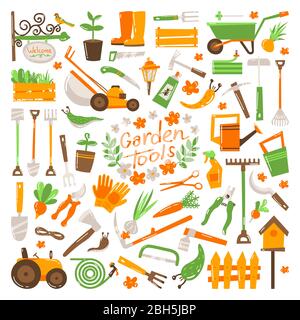 Big gardening icons set and design elements. Garden tools and decor collection, isolated on a white background. Vector illustration Stock Vector