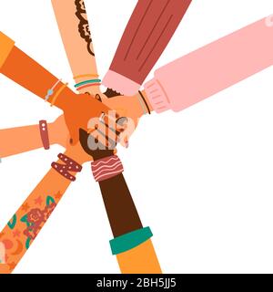 Hands together - set of different races raised up hands. The concept of education, business training, volunteering charity, party. Stock Vector